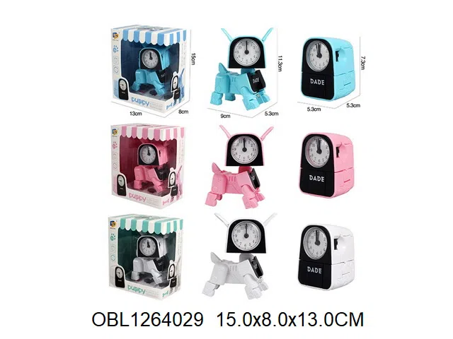 小萌犬变形闹钟   2*AG13纽扣电池包电  3色混装_OBL1264029